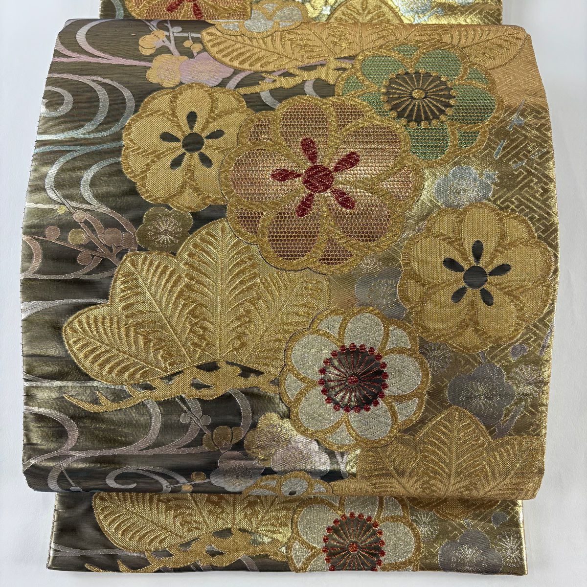 袋帶 秀品級 松樹梅花 流水 金銀線 金金箔 金色 六通 純蠶絲