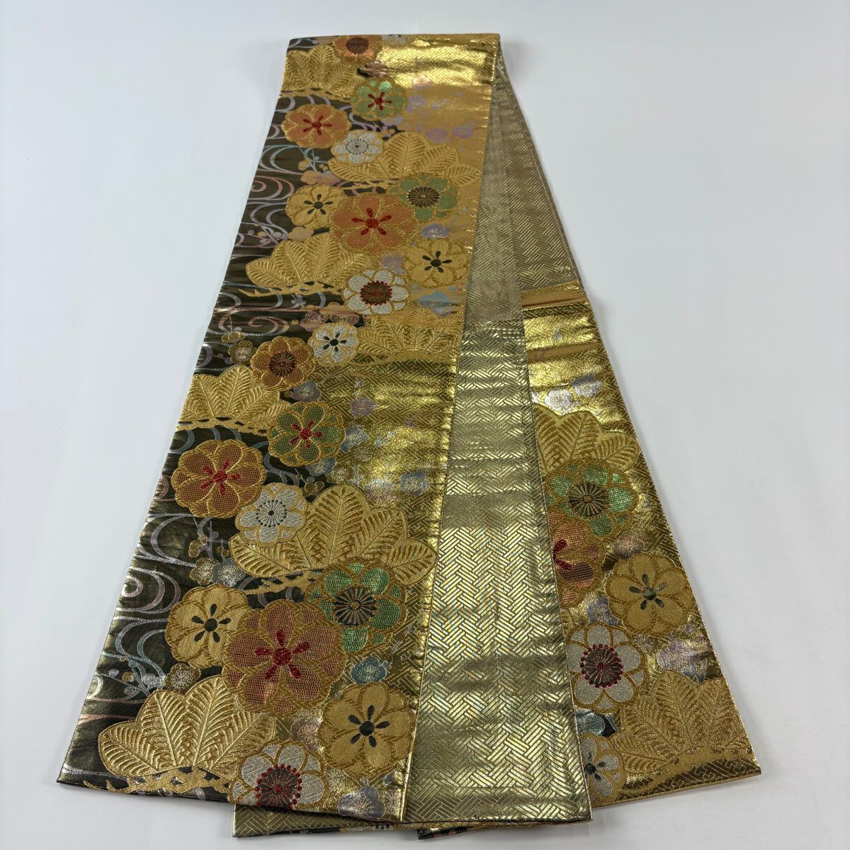 袋帶 秀品級 松樹梅花 流水 金銀線 金金箔 金色 六通 純蠶絲