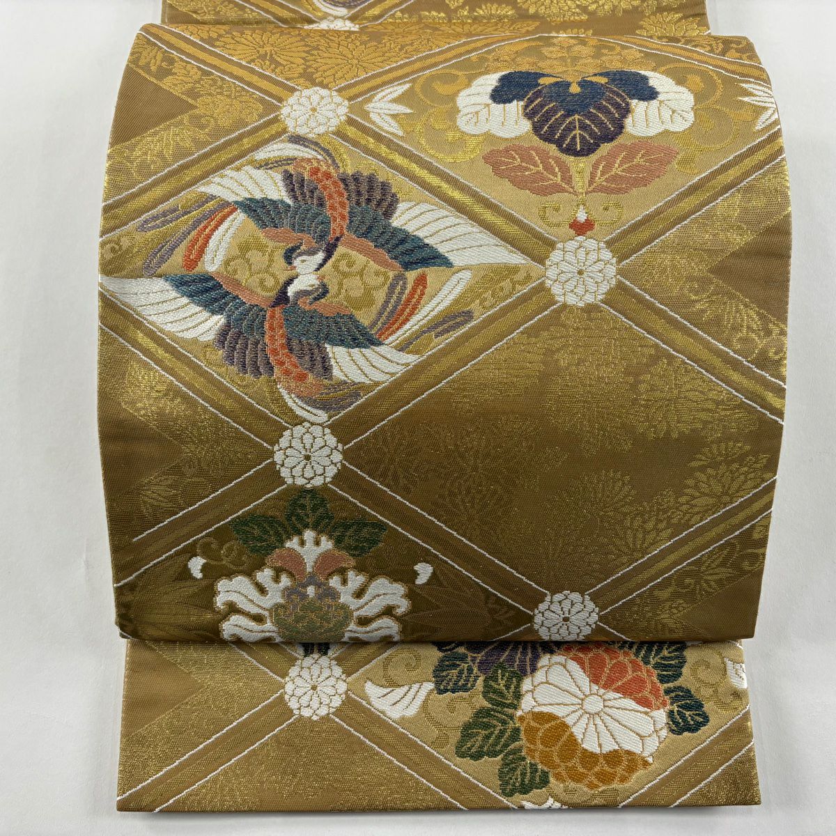 【美品】 袋帶 秀品級 花唐草紋 向鳥 金絲 金金箔 淺茶 六通 純蠶絲