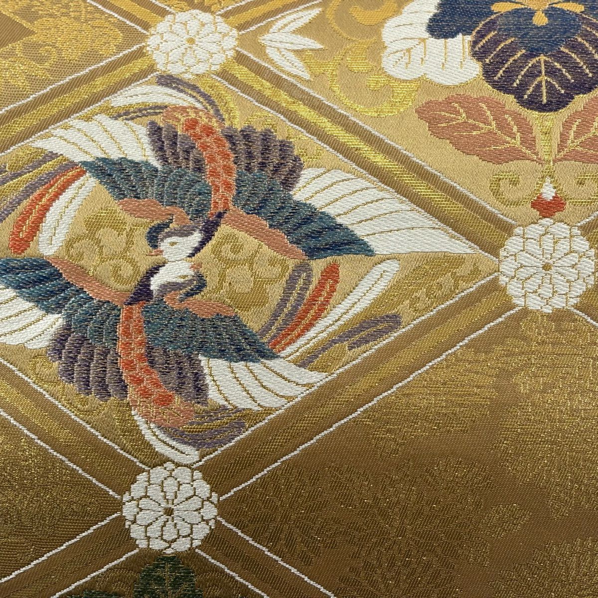 【美品】 袋帶 秀品級 花唐草紋 向鳥 金絲 金金箔 淺茶 六通 純蠶絲