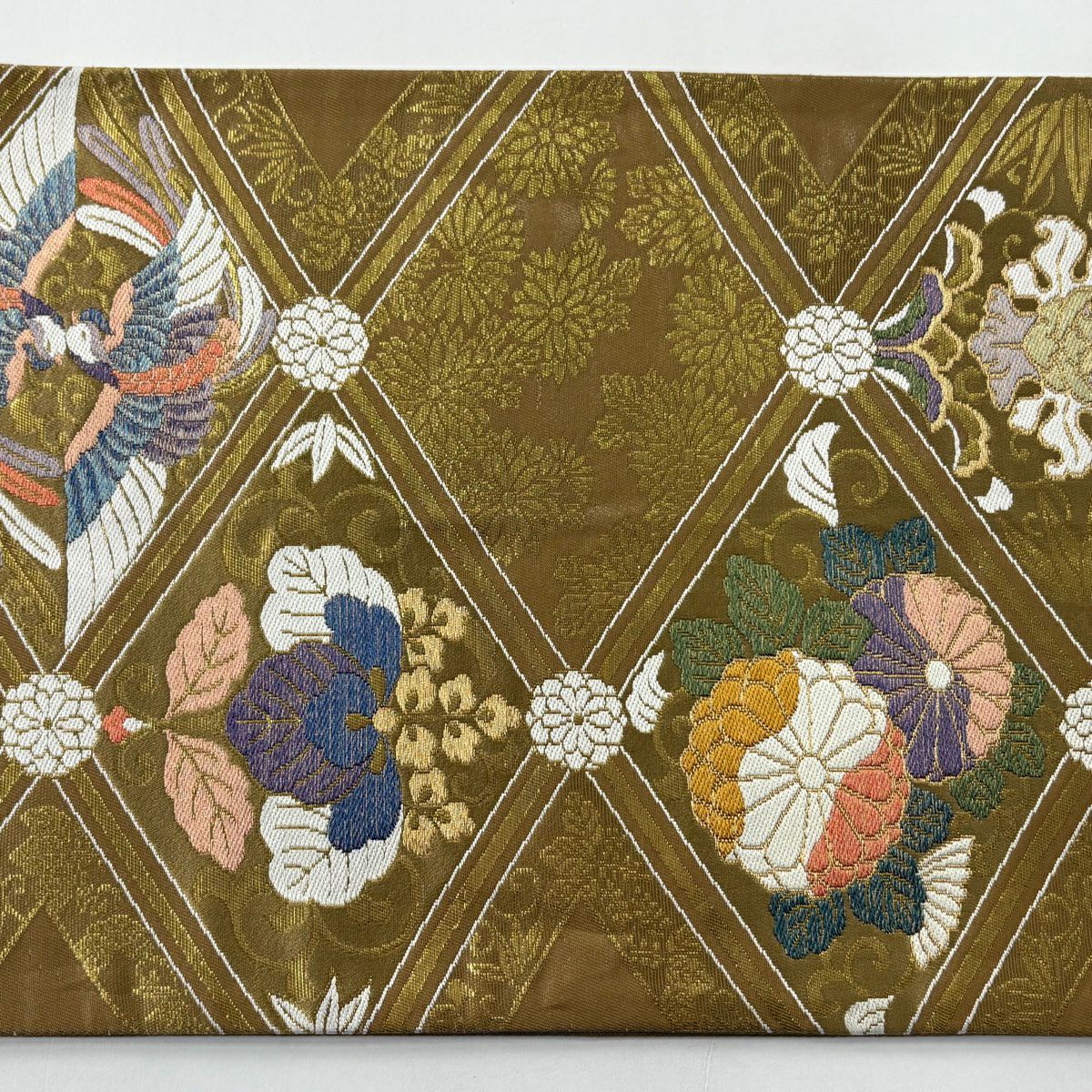 【美品】 袋帶 秀品級 花唐草紋 向鳥 金絲 金金箔 淺茶 六通 純蠶絲