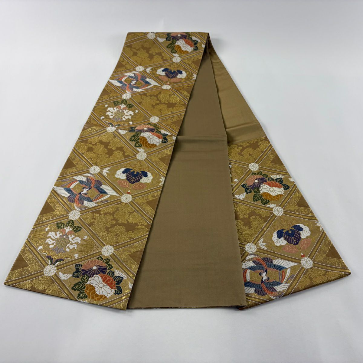 【美品】 袋帶 秀品級 花唐草紋 向鳥 金絲 金金箔 淺茶 六通 純蠶絲