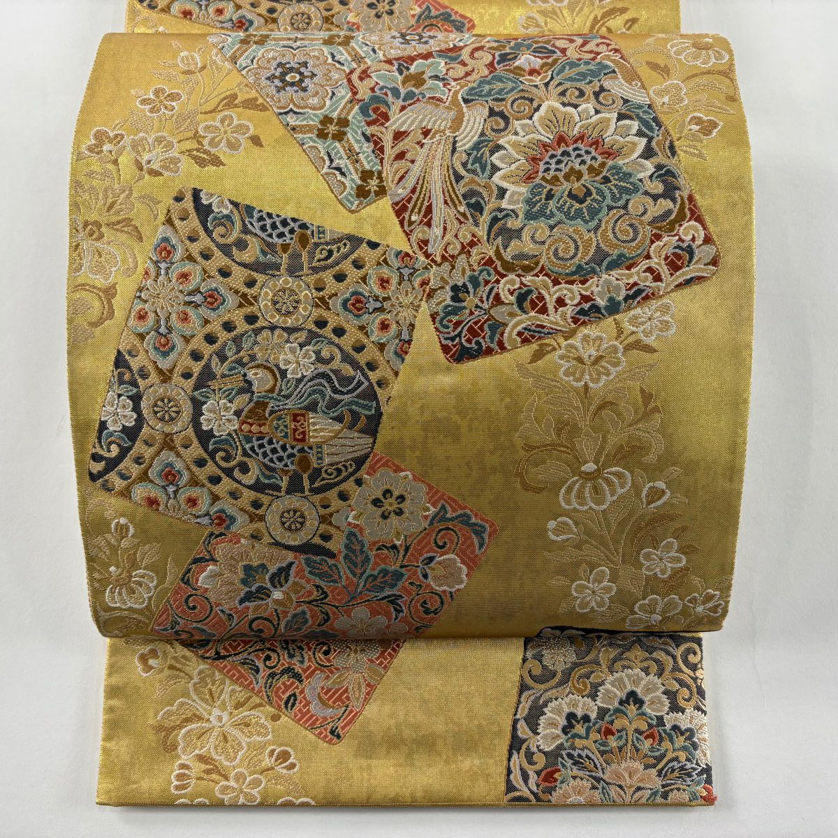 【美品】 袋帶 秀品級 關西仕立 色紙高彩華紋 金金箔 金色 六通 純蠶絲
