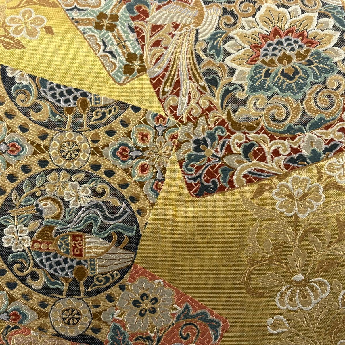 【美品】 袋帶 秀品級 關西仕立 色紙高彩華紋 金金箔 金色 六通 純蠶絲