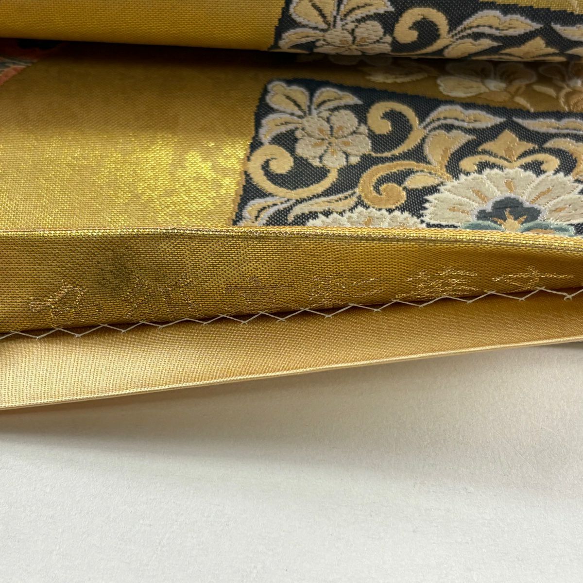【美品】 袋帶 秀品級 關西仕立 色紙高彩華紋 金金箔 金色 六通 純蠶絲