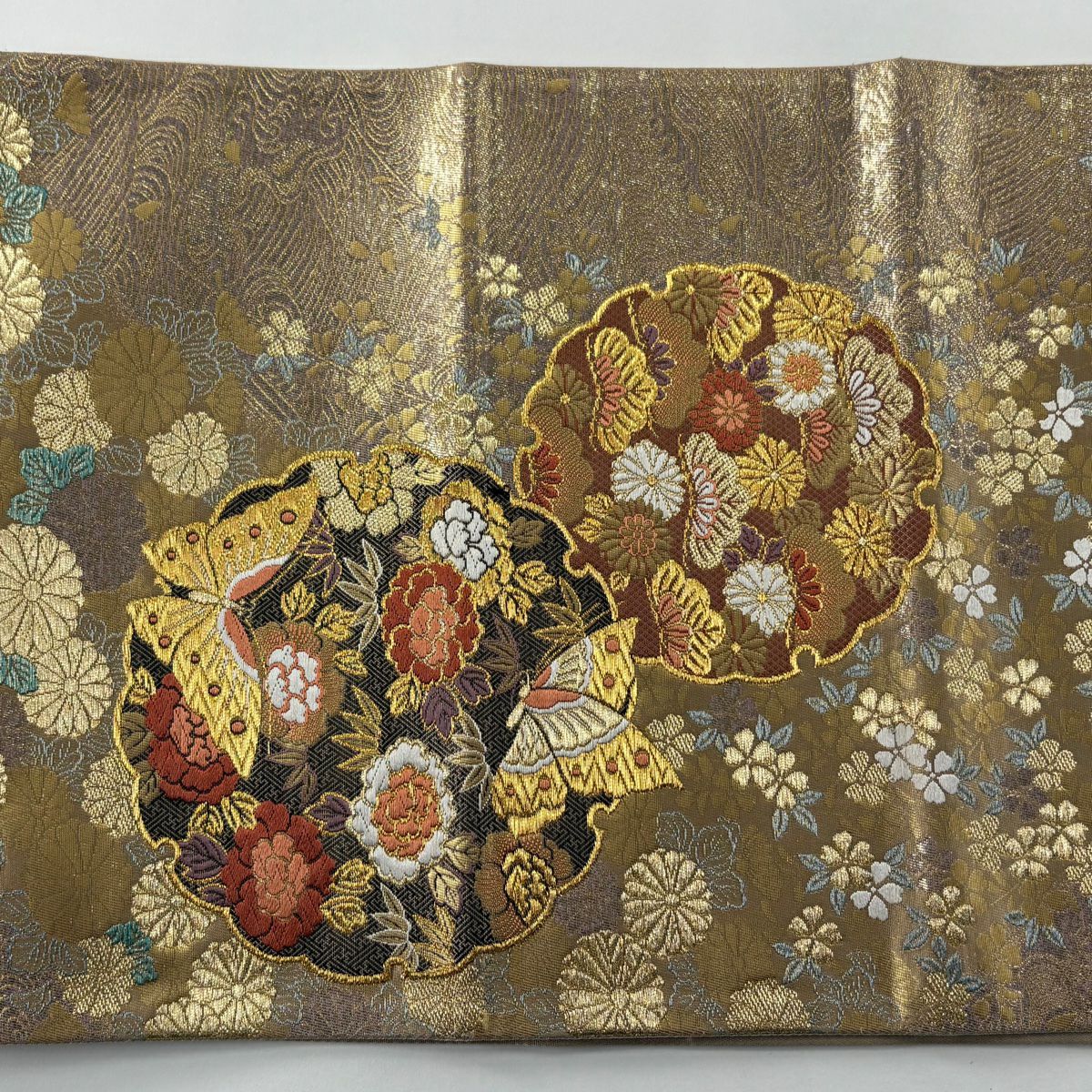 【美品】 袋帶 秀品級 雪輪 花蝶 金絲 唐織 米色 六通 純蠶絲
