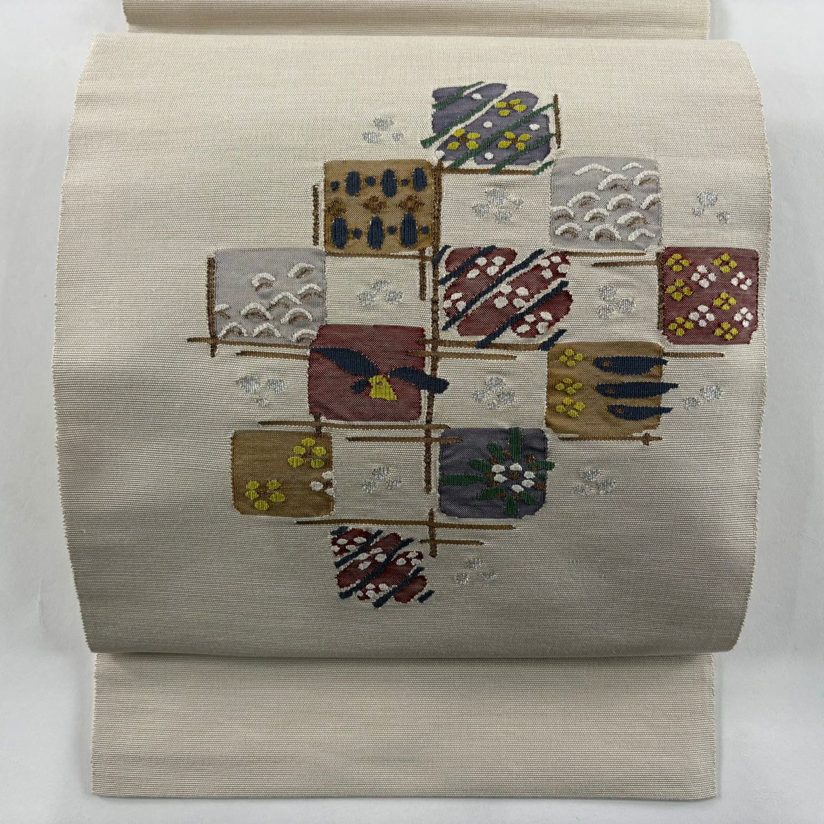 【美品】 名古屋帶 優品級 八寸名古屋帶 松樹葉仕立 花 青海波 金銀彩 米色 純蠶絲