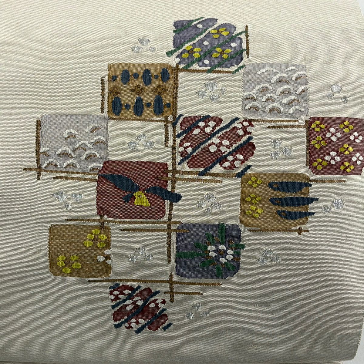 【美品】 名古屋帶 優品級 八寸名古屋帶 松樹葉仕立 花 青海波 金銀彩 米色 純蠶絲