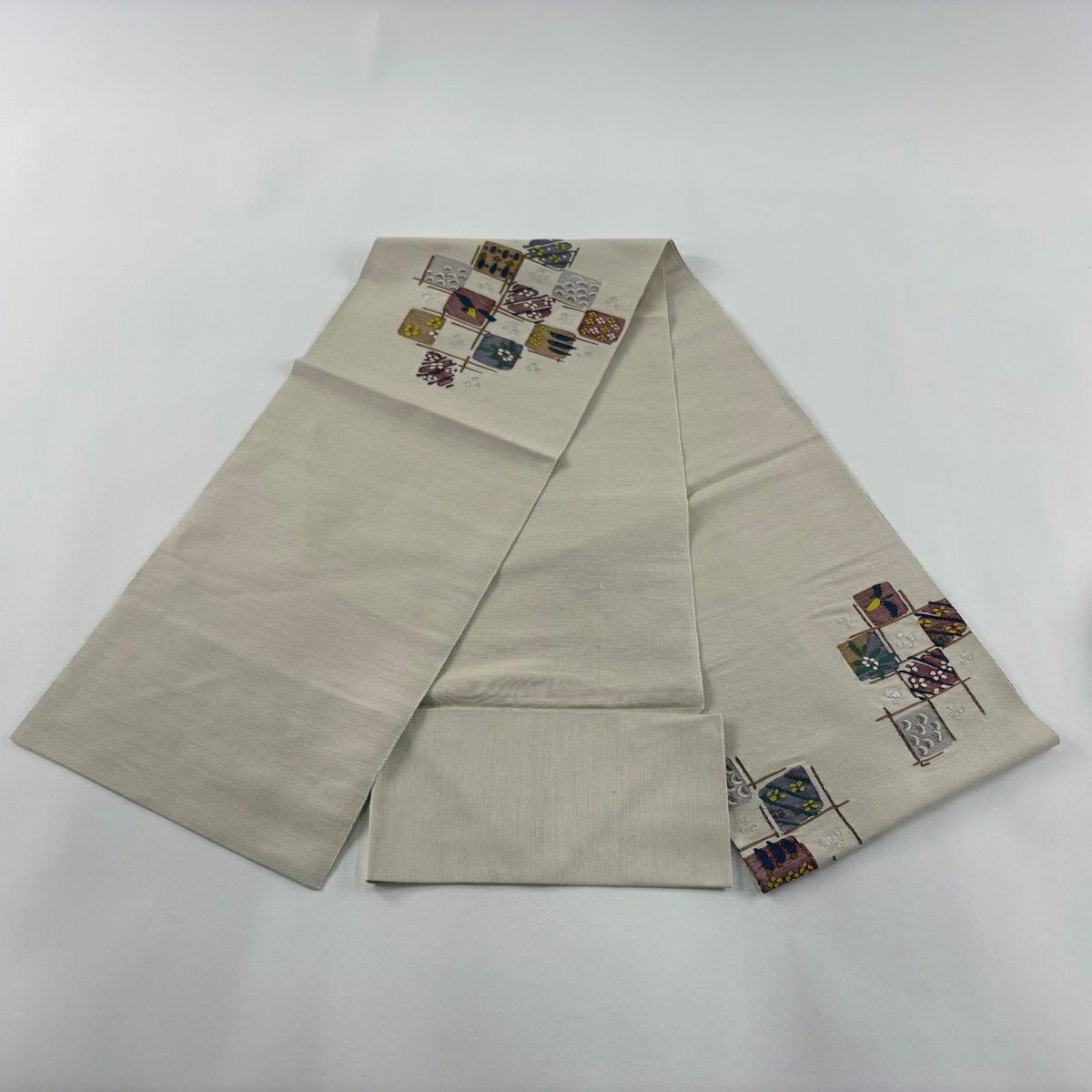 【美品】 名古屋帶 優品級 八寸名古屋帶 松樹葉仕立 花 青海波 金銀彩 米色 純蠶絲