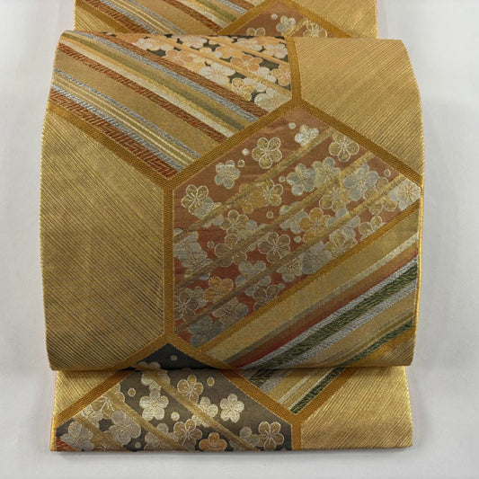 袋帶 秀品級 梅花 斜紋 金金箔 唐織 金色 六通 純蠶絲