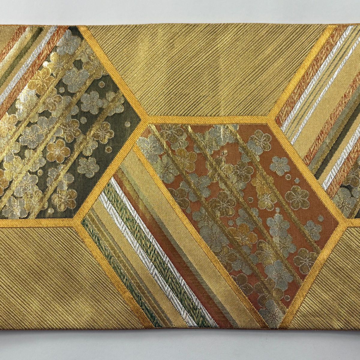 袋帶 秀品級 梅花 斜紋 金金箔 唐織 金色 六通 純蠶絲
