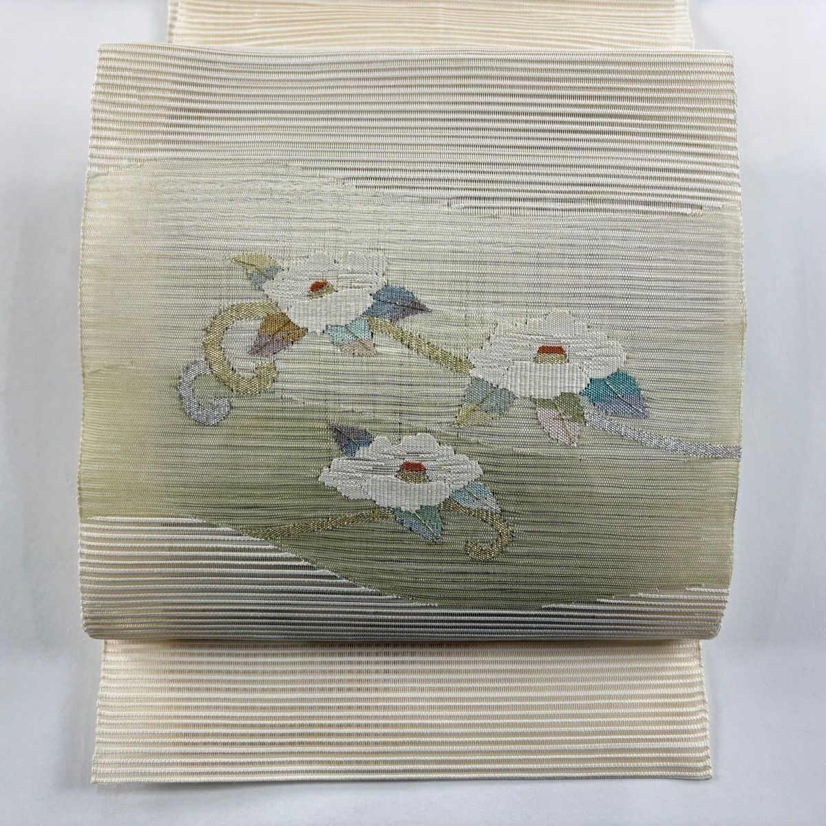名古屋帶 優品級 夏帶 絽 八寸名古屋帶 松樹葉仕立 紅椿 金銀彩 米色 純蠶絲