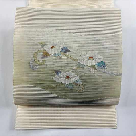 名古屋帶 優品級 夏帶 絽 八寸名古屋帶 松樹葉仕立 紅椿 金銀彩 米色 純蠶絲