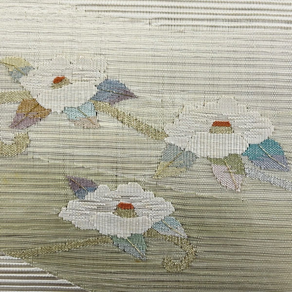 名古屋帶 優品級 夏帶 絽 八寸名古屋帶 松樹葉仕立 紅椿 金銀彩 米色 純蠶絲