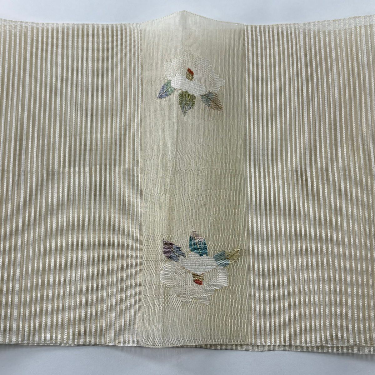 名古屋帶 優品級 夏帶 絽 八寸名古屋帶 松樹葉仕立 紅椿 金銀彩 米色 純蠶絲