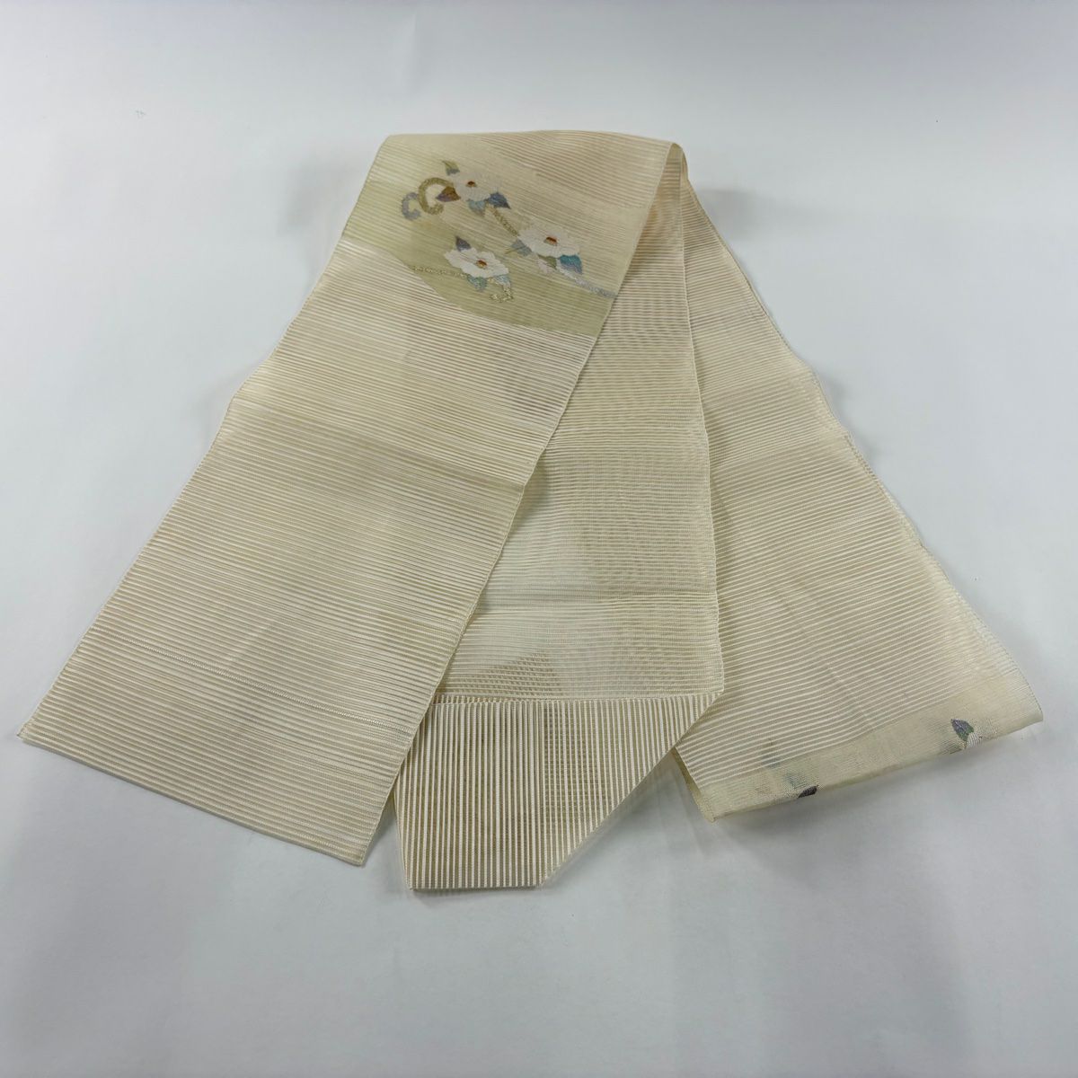 名古屋帶 優品級 夏帶 絽 八寸名古屋帶 松樹葉仕立 紅椿 金銀彩 米色 純蠶絲