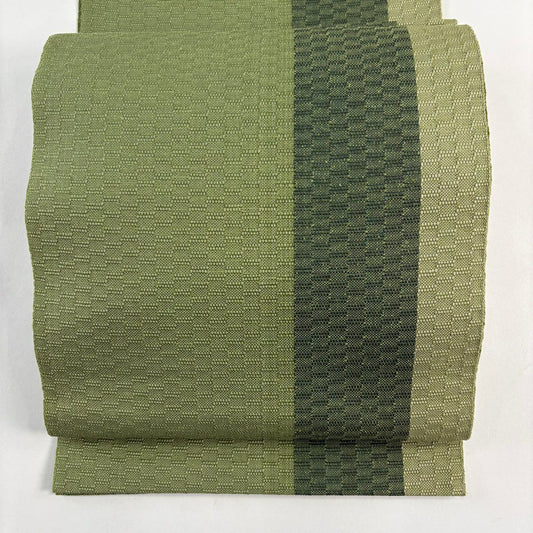【美品】 名古屋帶 秀品級 八寸名古屋帶 縞 利根紬織地 よもぎ色 純蠶絲