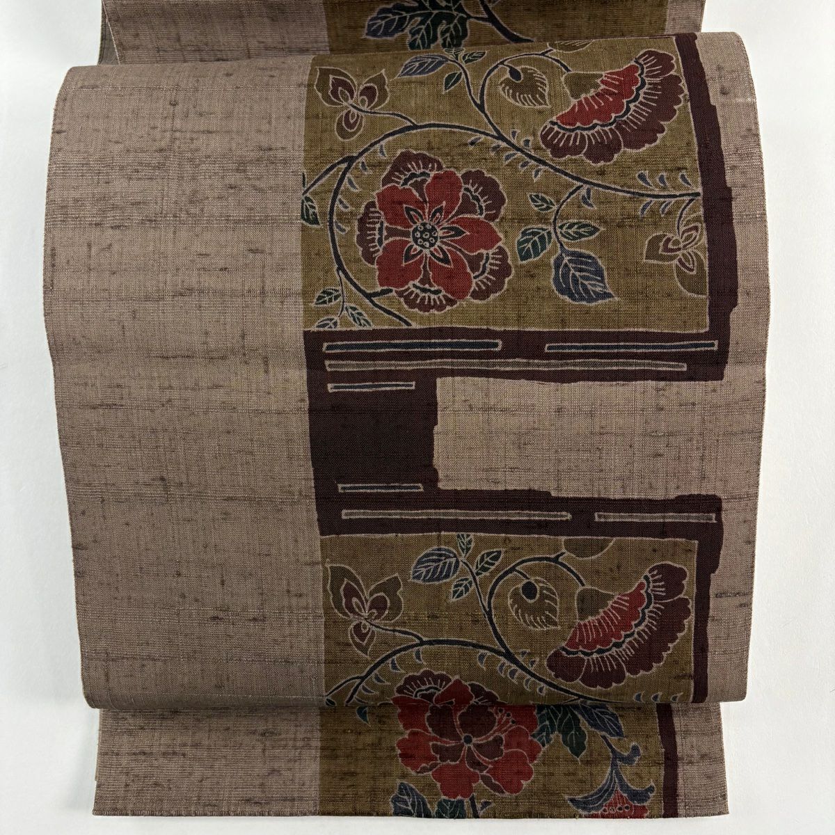 【美品】 袋帶 秀品級 有落款 草花紋 紬織織 茶紫 お太鼓圖案 純蠶絲