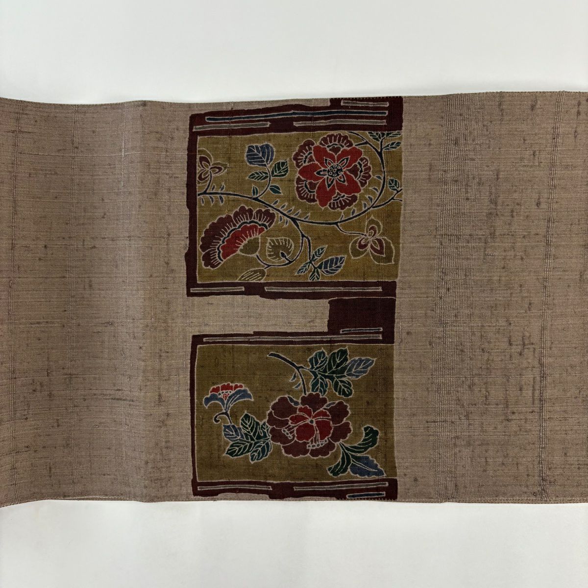 【美品】 袋帶 秀品級 有落款 草花紋 紬織織 茶紫 お太鼓圖案 純蠶絲
