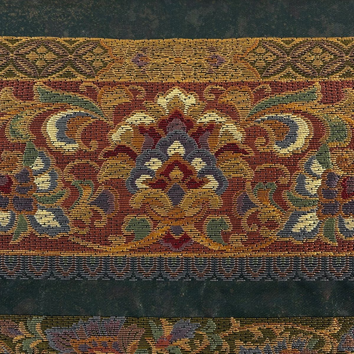 【美品】 袋帶 秀品級 草花紋紋 段紋 金金箔 深綠 六通 純蠶絲