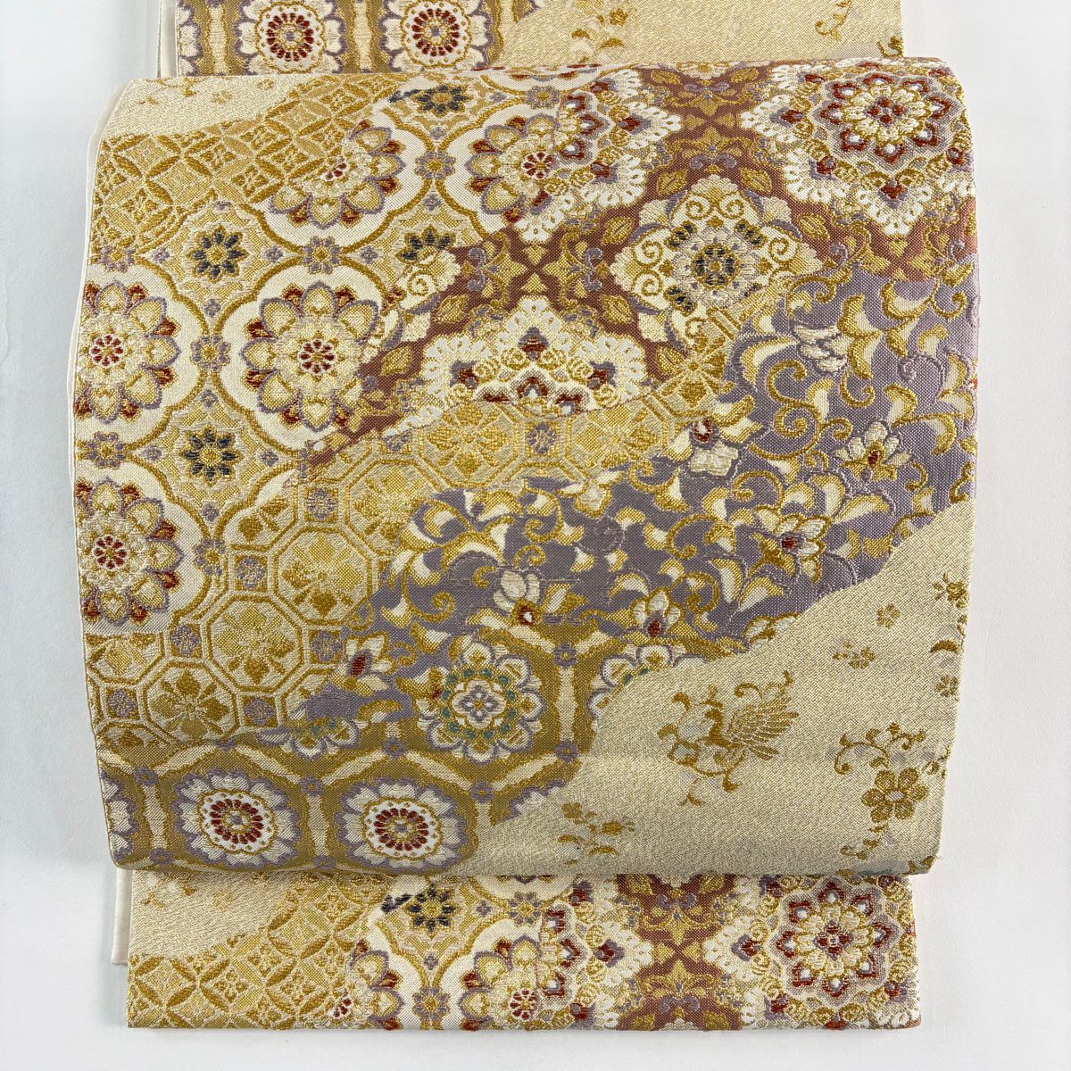 【美品】 袋帶 秀品級 華紋 花唐草紋 金絲 米色 六通 純蠶絲