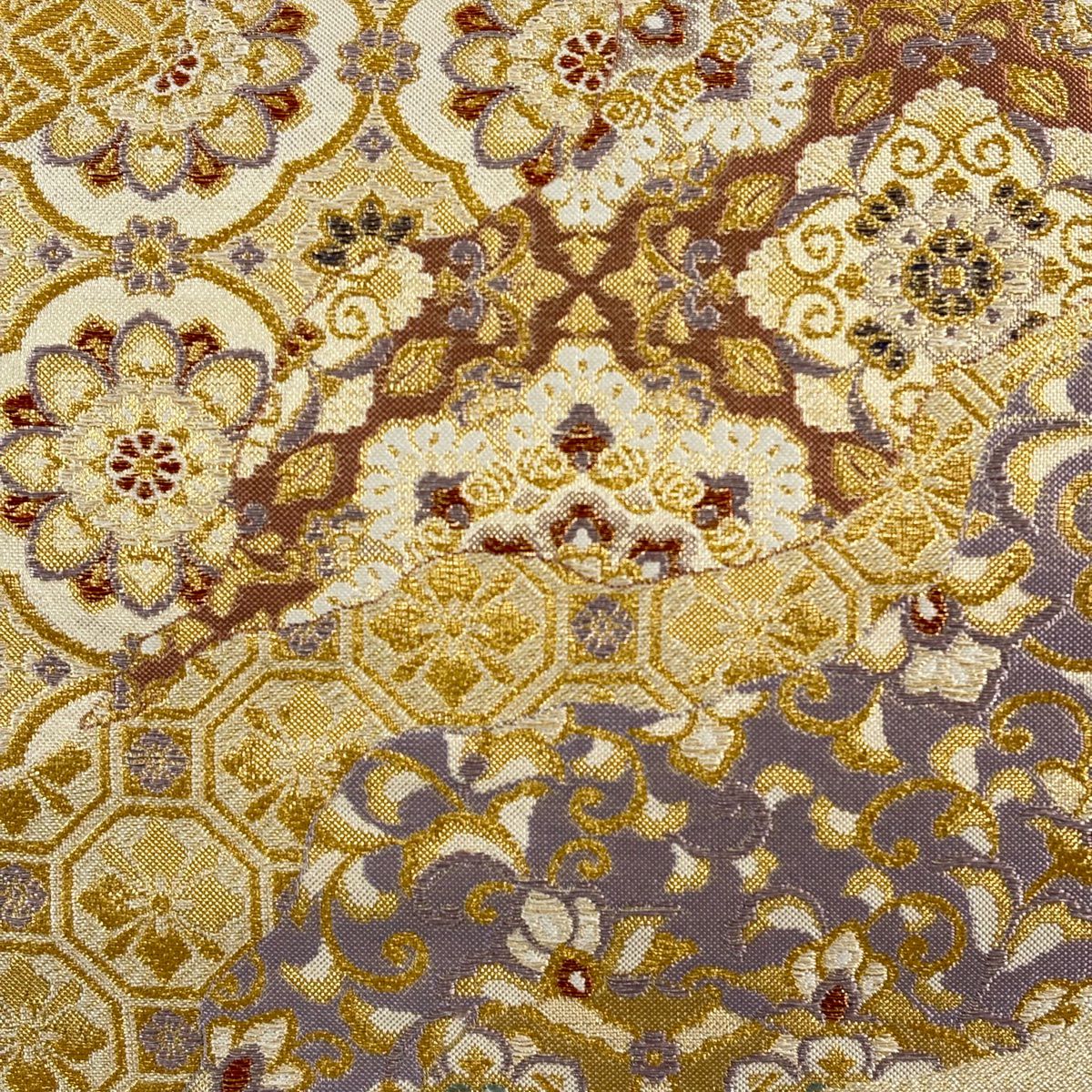 【美品】 袋帶 秀品級 華紋 花唐草紋 金絲 米色 六通 純蠶絲