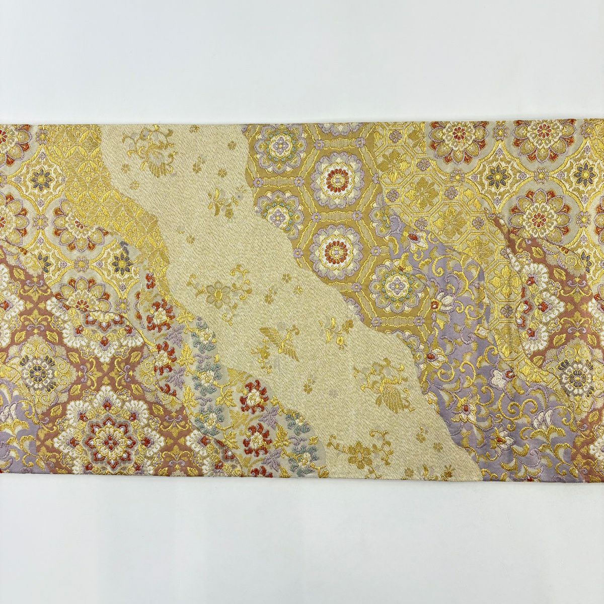 【美品】 袋帶 秀品級 華紋 花唐草紋 金絲 米色 六通 純蠶絲