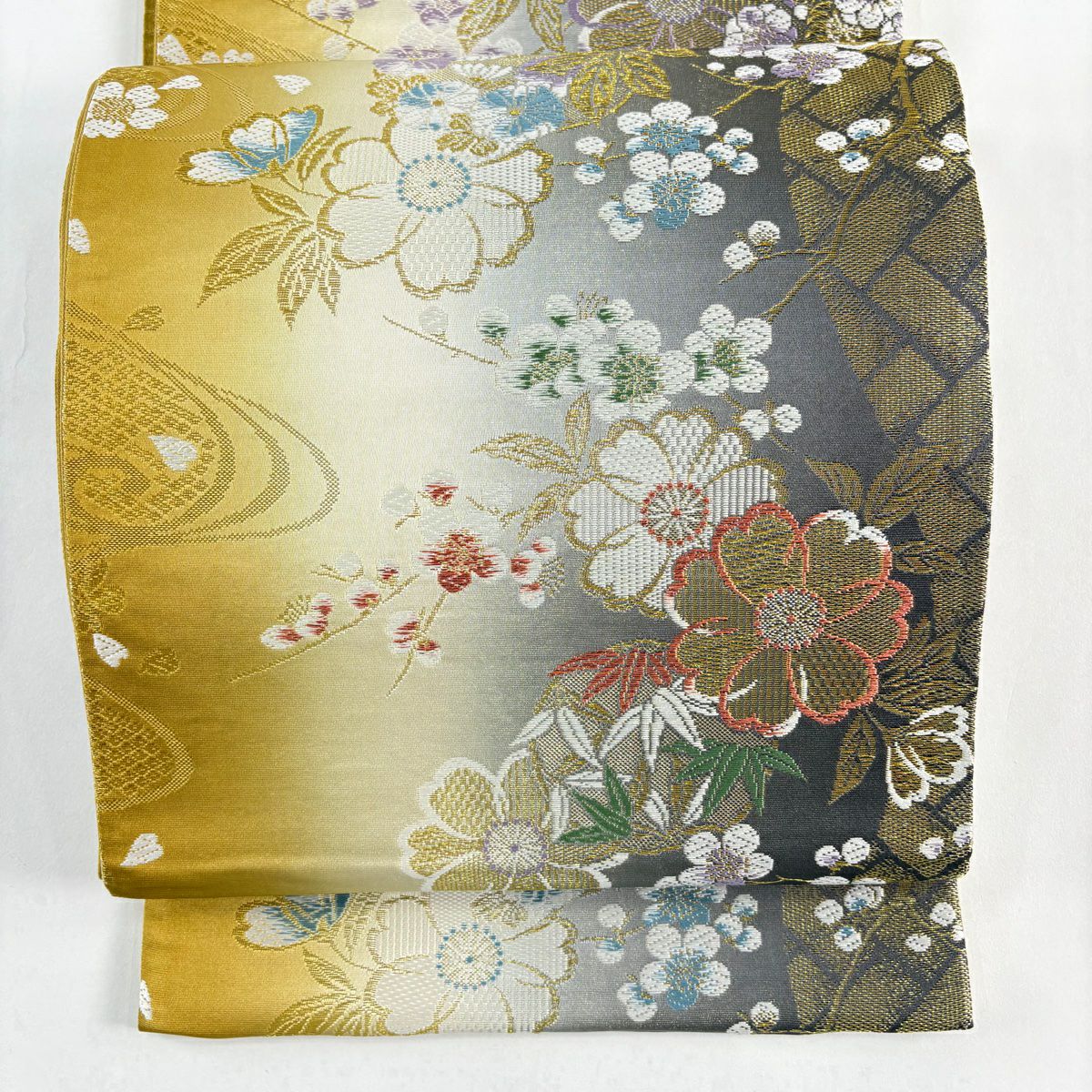 【美品】 袋帶 優品級櫻花梅花金絲金金箔黃土色六通純蠶絲