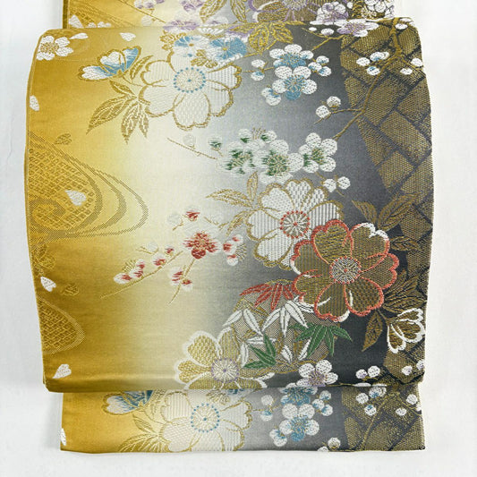 【美品】 袋帶 優品級櫻花梅花金絲金金箔黃土色六通純蠶絲