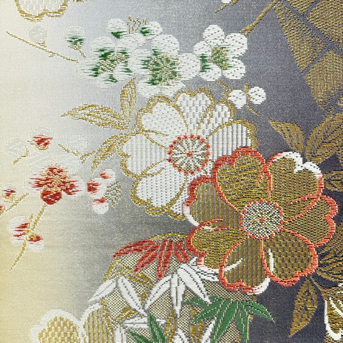 【美品】 袋帶 優品級櫻花梅花金絲金金箔黃土色六通純蠶絲