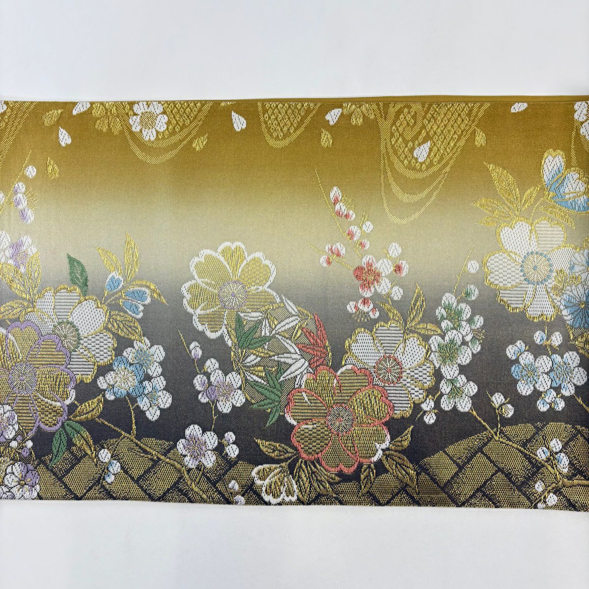 【美品】 袋帶 優品級櫻花梅花金絲金金箔黃土色六通純蠶絲