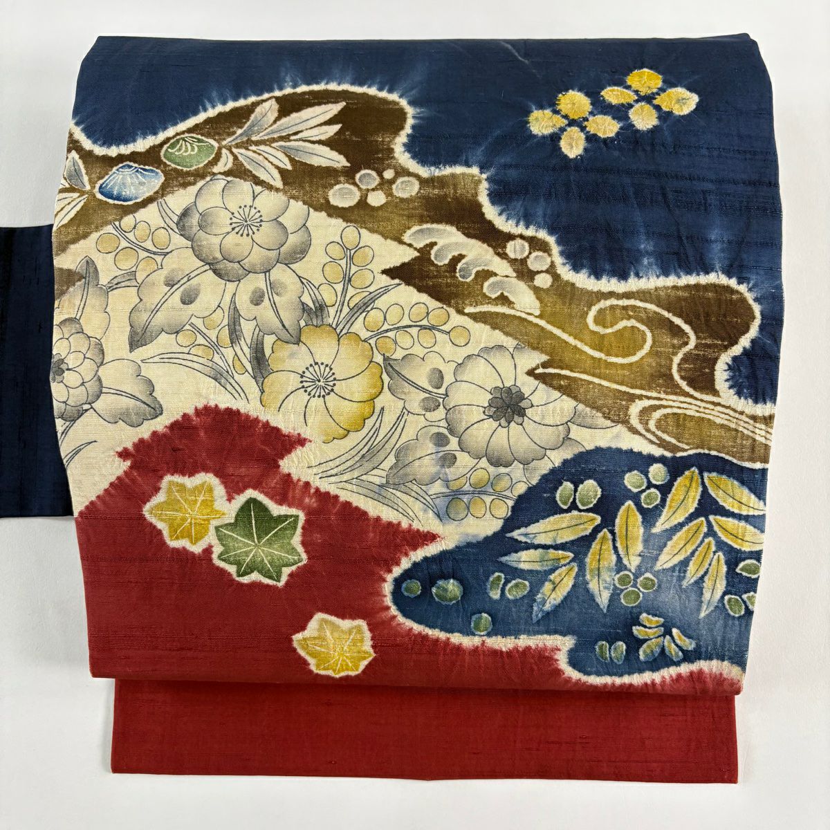 名古屋帶 秀品級 紬織織 草花紋紋 深藍 純蠶絲