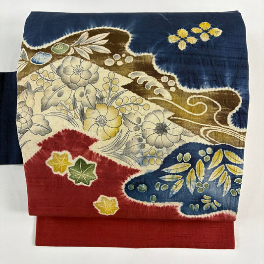 名古屋帶 秀品級 紬織織 草花紋紋 深藍 純蠶絲
