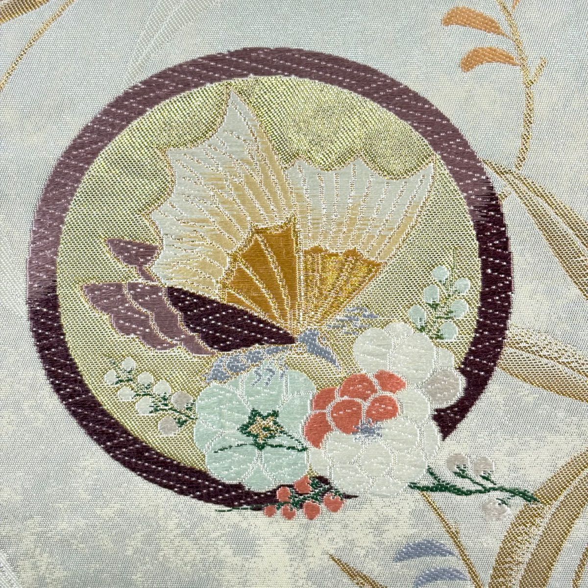 袋帶 秀品級 關西仕立 雜鎌倉文 蝴蝶 金絲 金金箔 灰茶 六通 純蠶絲