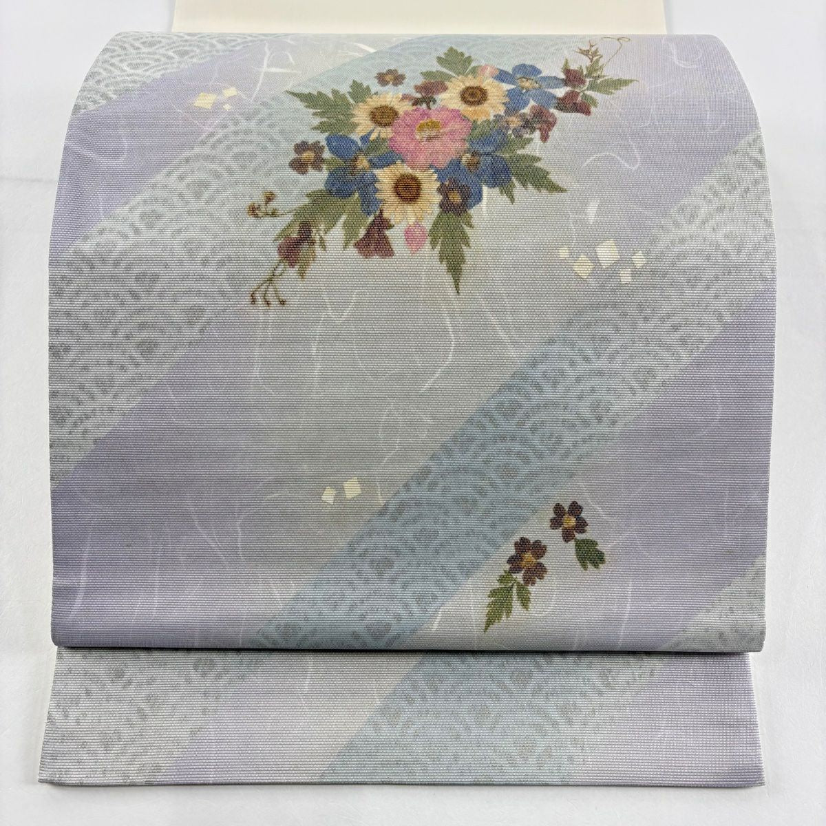 袋帶 秀品級 草花紋 深藍海波 淺紫 お太鼓圖案 純蠶絲