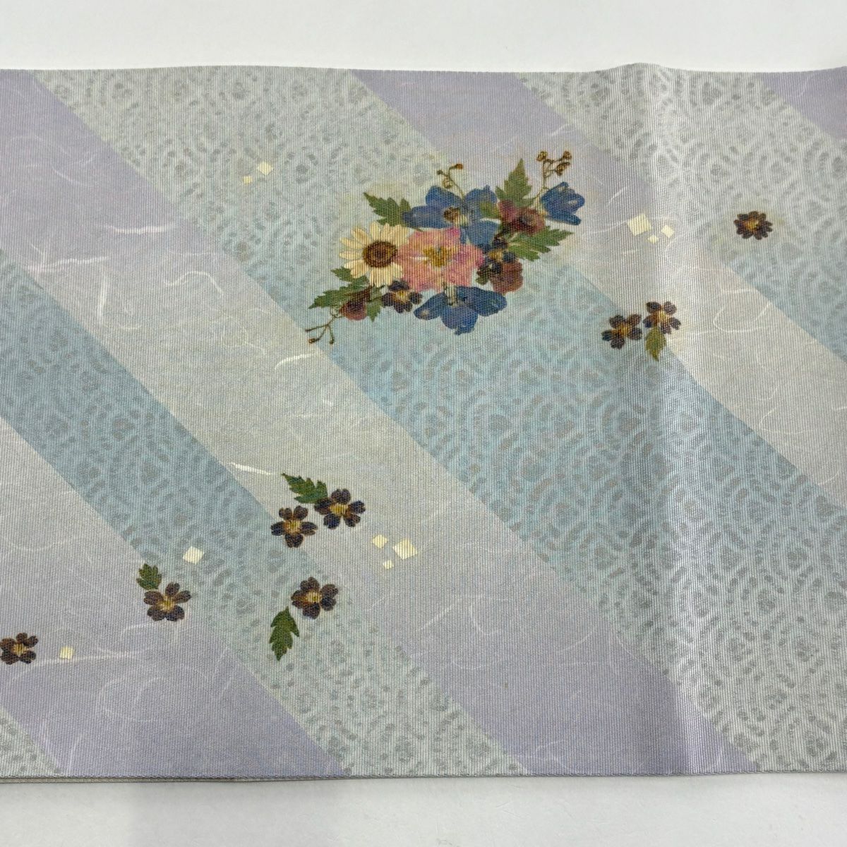 袋帶 秀品級 草花紋 深藍海波 淺紫 お太鼓圖案 純蠶絲