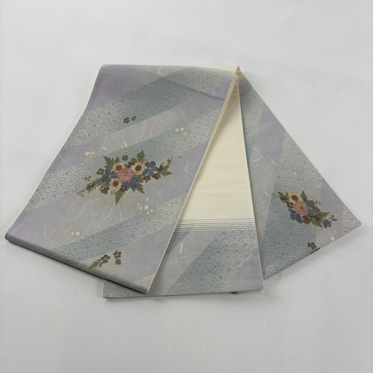 袋帶 秀品級 草花紋 深藍海波 淺紫 お太鼓圖案 純蠶絲