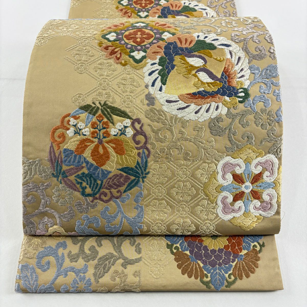 袋帶 秀品級 花丸紋 華紋 金金箔 唐織 米色 六通 純蠶絲