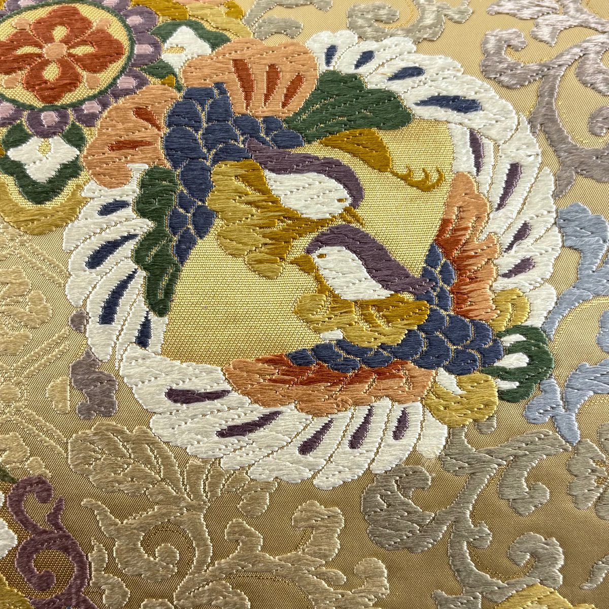 袋帶 秀品級 花丸紋 華紋 金金箔 唐織 米色 六通 純蠶絲