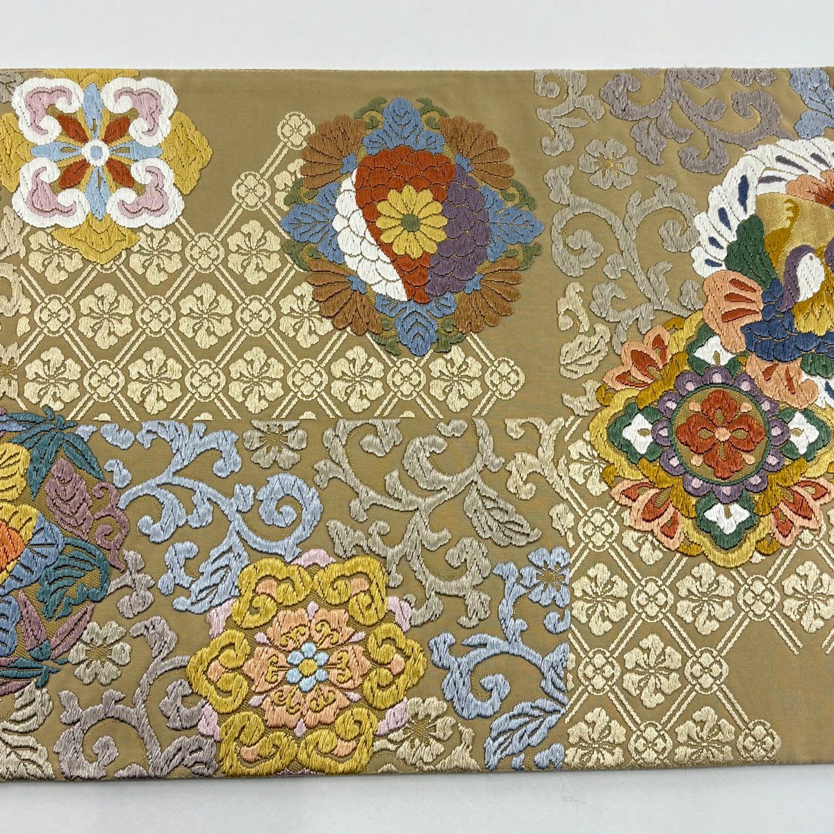 袋帶 秀品級 花丸紋 華紋 金金箔 唐織 米色 六通 純蠶絲
