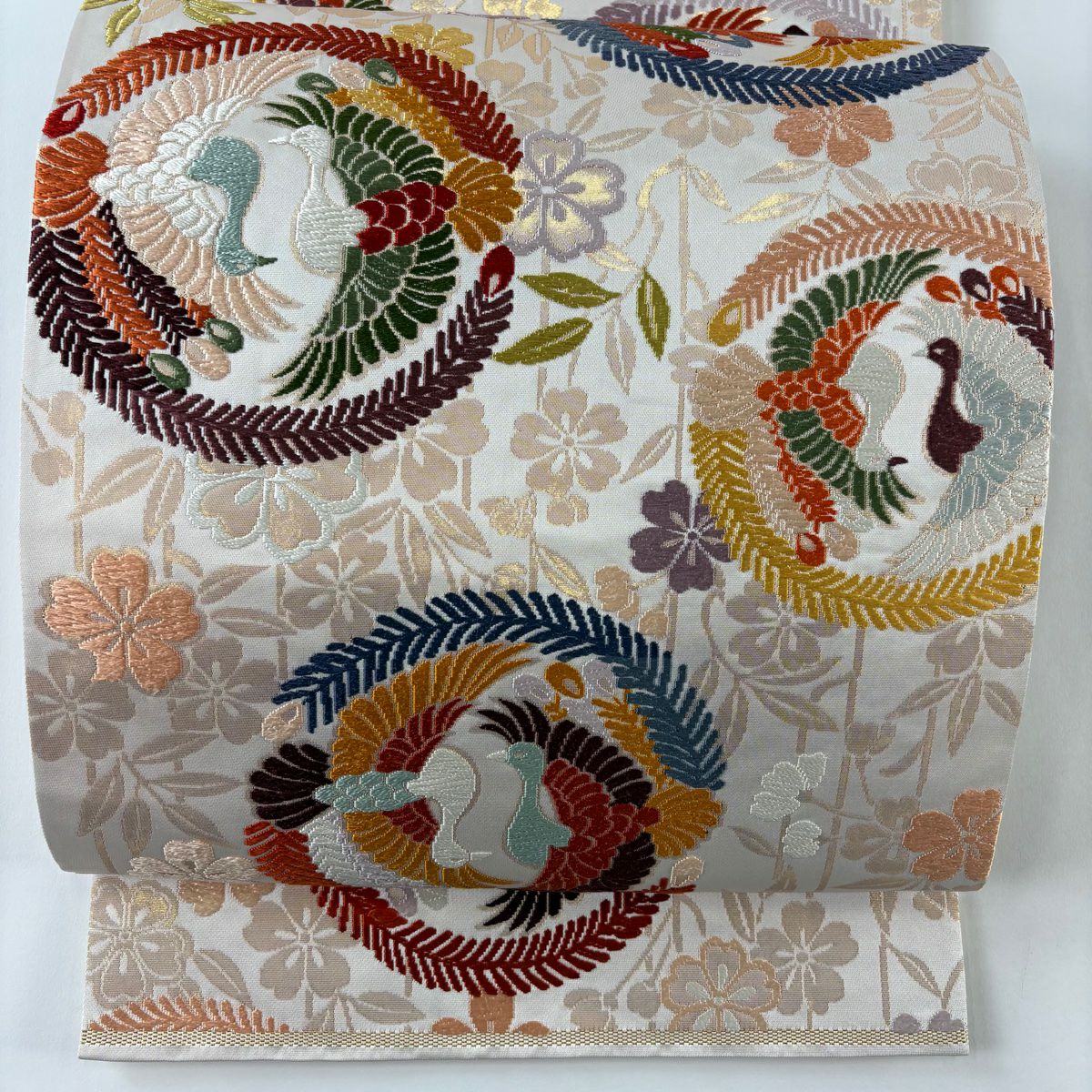 【美品】 袋帶 秀品級 關西仕立 雙向鳥 櫻花 唐織 金金箔 奶油 六通 純蠶絲