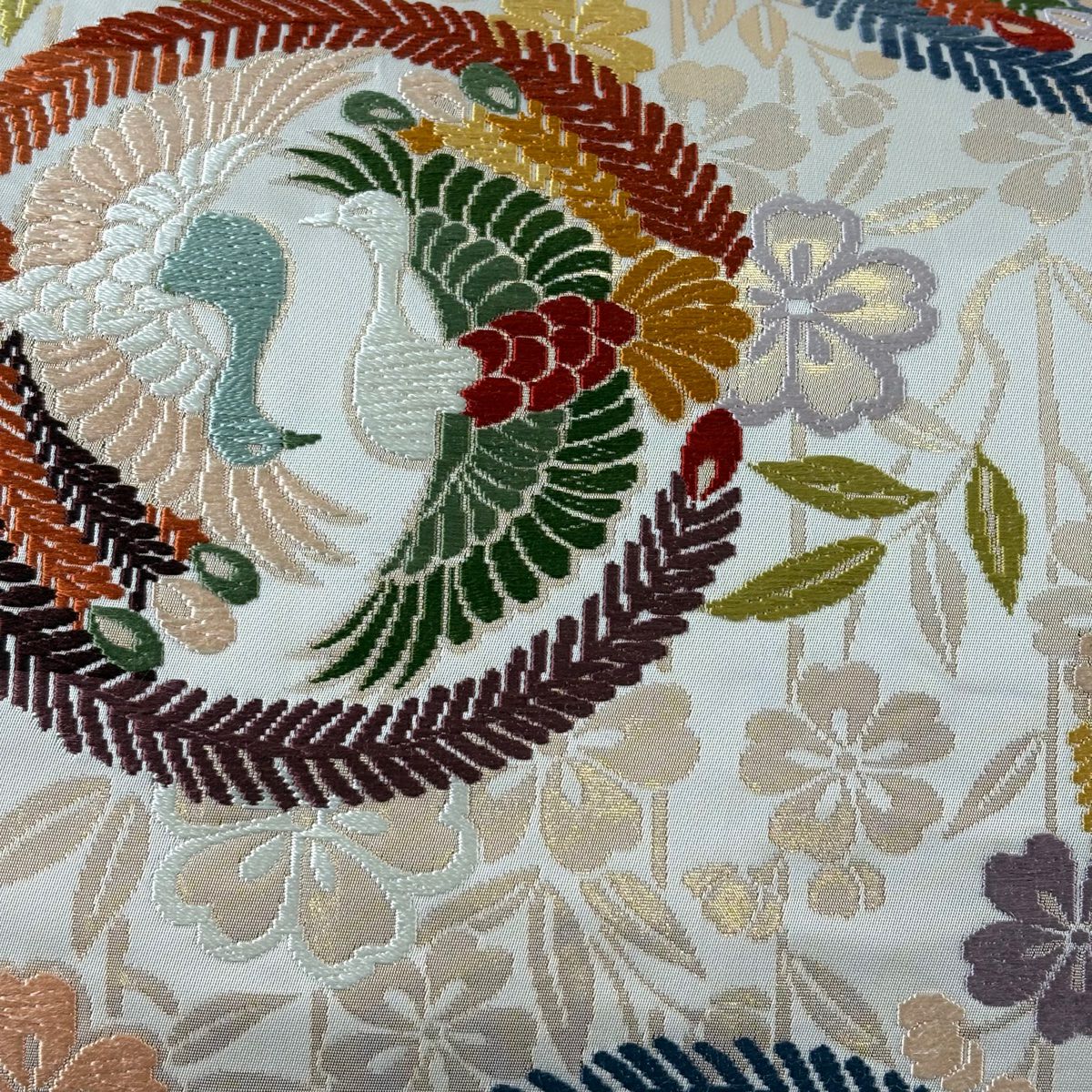 【美品】 袋帶 秀品級 關西仕立 雙向鳥 櫻花 唐織 金金箔 奶油 六通 純蠶絲