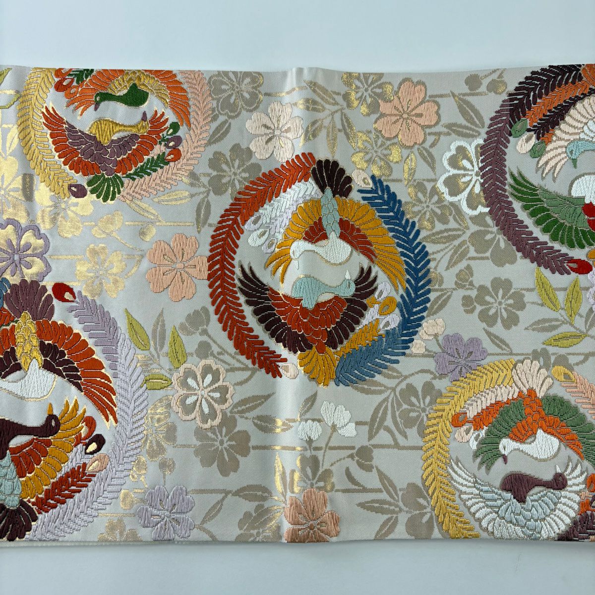 【美品】 袋帶 秀品級 關西仕立 雙向鳥 櫻花 唐織 金金箔 奶油 六通 純蠶絲