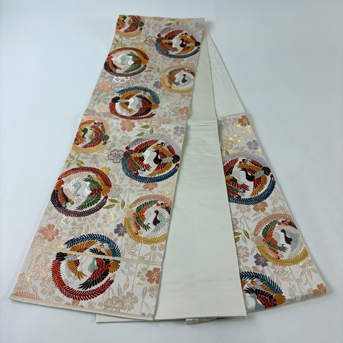 【美品】 袋帶 秀品級 關西仕立 雙向鳥 櫻花 唐織 金金箔 奶油 六通 純蠶絲