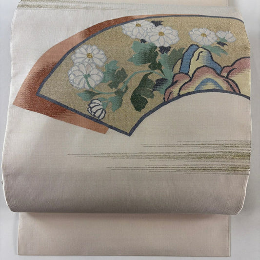 【美品】 名古屋帶 優品級 八寸名古屋帶 松樹葉仕立 扇子面 菊花 金銀彩 奶油色 純蠶絲