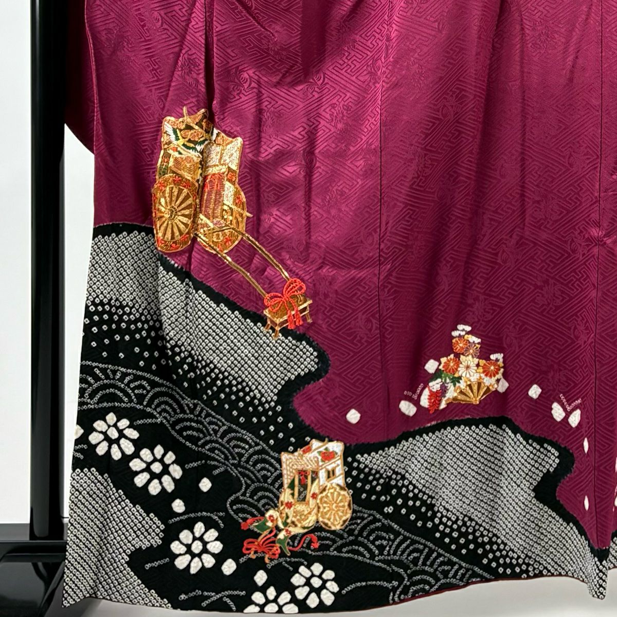 振袖禮服 身長161cm 袖長66cm M 雙層 御所車 霞 金糸 絞染 紅紫 純蠶絲 秀品級