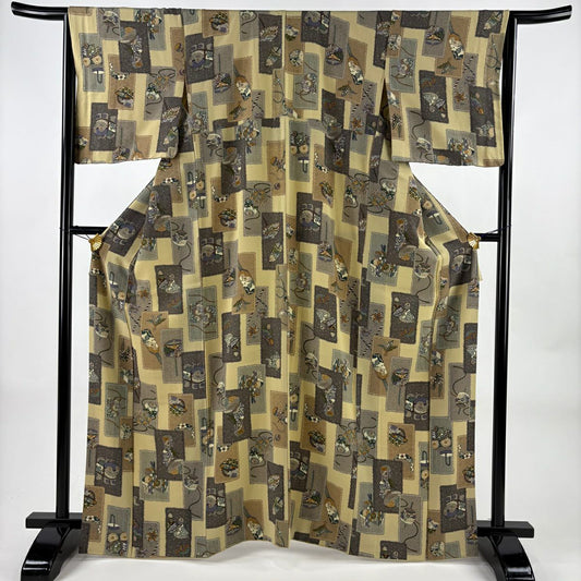 小紋 身長165cm 袖長64cm M 雙層 玩具 短冊 薄黃土 純蠶絲 秀品級