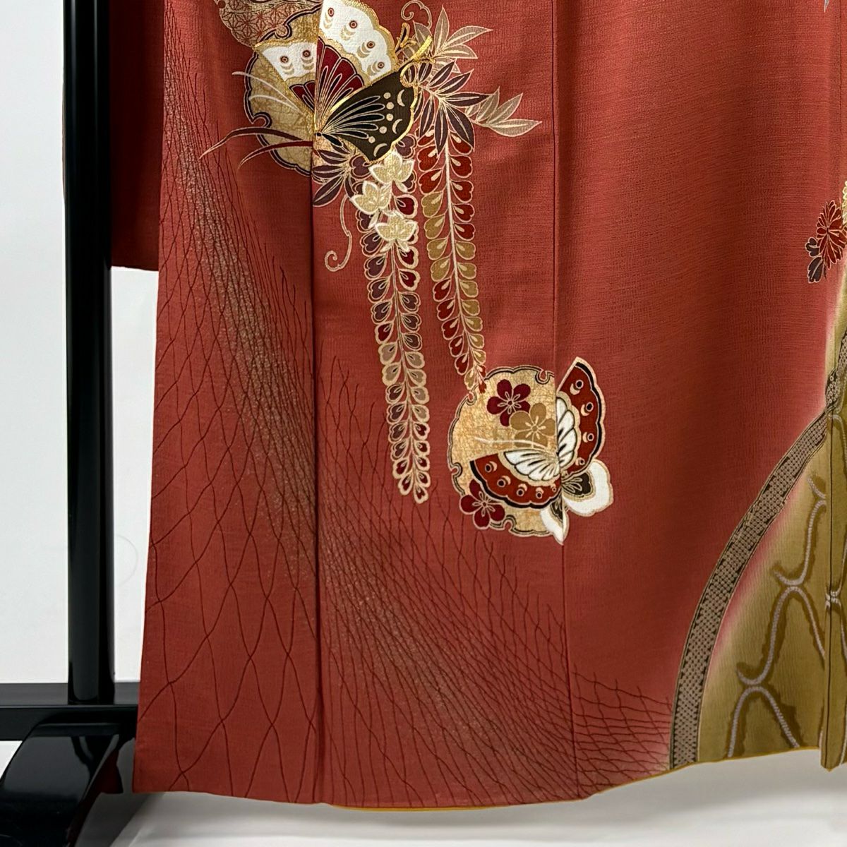振袖禮服 身長162cm 袖長66cm M 雙層 蝶 藤 金絲 金銀彩 紅茶 純蠶絲 秀品級