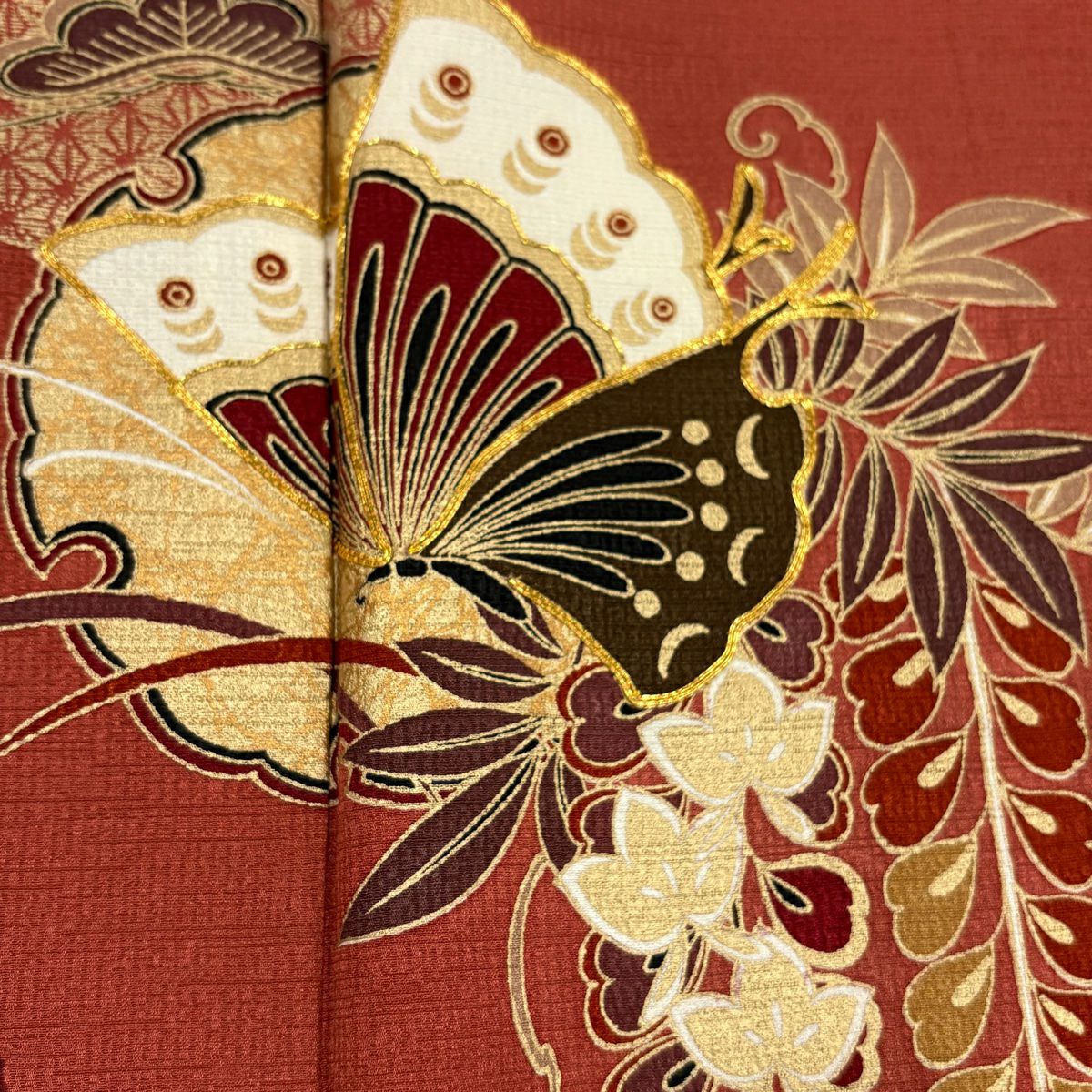 振袖禮服 身長162cm 袖長66cm M 雙層 蝶 藤 金絲 金銀彩 紅茶 純蠶絲 秀品級