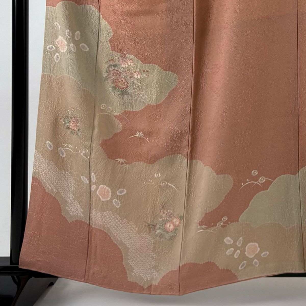 訪問服 身長160cm 袖長65.5cm M 雙層 草花紋紋 雲文 刺繡 絞染 淺粉色 純蠶絲 優品級 一個紋